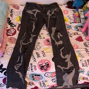 High waist straight leg wash grey printed women jeans